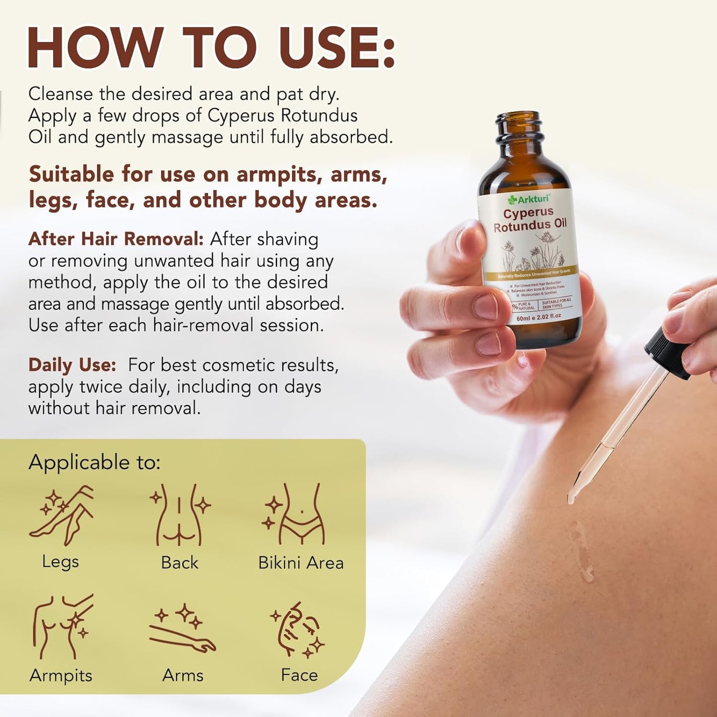 Cyperus Rotundus Oil, 60ML Cyperus Rotundus Oil Hair Removal, Natural Hair Removal Care Essential for Smooth Skin, Moisturizing & Soothing, Suit for All Skin Types (1, 60Ml)