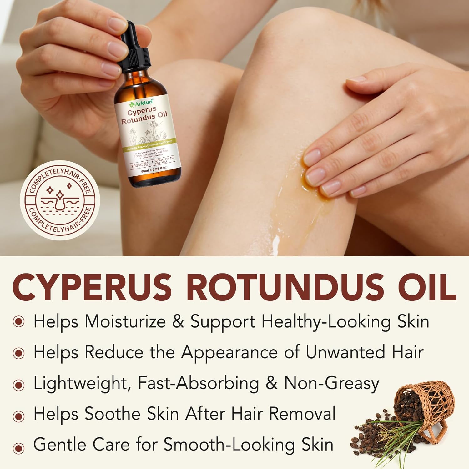 Cyperus Rotundus Oil, 60ML Cyperus Rotundus Oil Hair Removal, Natural Hair Removal Care Essential for Smooth Skin, Moisturizing & Soothing, Suit for All Skin Types (1, 60Ml)